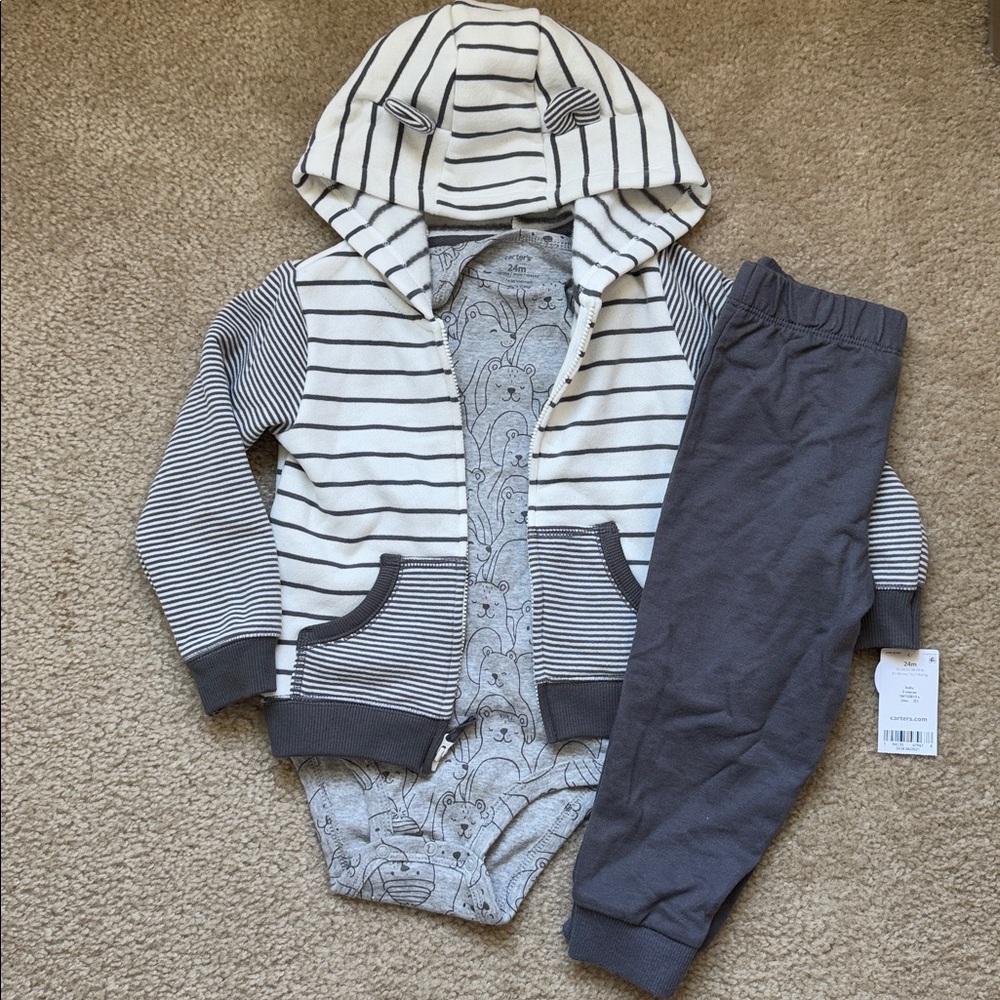 NWT Carter’s 3-Piece Set - Gray Stripe 24m